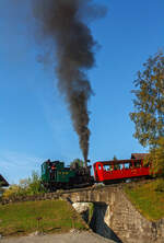 Die Kohle befeuerte BRB 6 f�hrt am 01.10.2011 um 9:45 Uhr mit ihren Zug (zwei Vorstellwagen) zum Brienzer Rothorn hinauf. 

Die H 2/3 der 2. Generation wurde 1933 unter der Fabrik-Nr. 3567 bei der SLM - Schweizerische Lokomotiv- und Maschinenfabrik in Winterthur gebaut. 

Das Pflichtenheft verlangt die Bef�rderung von zwei statt nur einem 4-achsigen Personenwagen. 

Technische Daten:
Spurweite: 800 mm
Achsfolge: 2zz1' (d.h. 2 nicht angetriebene Tragachsen, 2 Triebzahnr�der, 1 bewegliche Laufachse)
Zahnstange System: Abt
Leistung: 220 kW (300 PS)
Zugkraft: 50 kN 
H�chstgeschwindigkeit bei 250 ‰ und unter Volllast: 9,0 km/h
Leergewicht: 16.700 kg
Dienstgewicht: 20.000kg 
L�nge �ber Puffer: 6.400 mm
Tragraddurchmesser: 653 mm
Triebzahnraddurchmesser: 573 mm
Laufraddurchmesser: 520 mm
Zahnrad�bersetzung: 1:2,2
Kohlenvorrat im Kasten: 550 kg (Verbrauch 350 kg/Fahrt)
Wassermenge im Kessel: 1.050 Liter
Wasservorrat im Kasten: 1.500 Liter
Wasserbedarf pro Fahrt Brienz-Rothorn retour: 2.000 Liter
Kesseldruck: 14 bar
�berhitzung: auf 380� C (Grossrauchr�hren-�berhitzer System Schmidt)
Zylinderhub: 400 mm 
Keine Feuerung bei Talfahrt: Bei Talfahrt wird die Dampfmaschine als Luftpumpe betrieben: sie bremst den gesamten Zug, zur K�hlung muss Wasser eingespritzt werden
Gegendruckbremse: System Riggenbach
Handbremsen: auf F�hrer- und auf Heizerseite
Personalbedarf: 1 Lokf�hrer und 1 Heizer
    
1971/72: grundlegende Sanierung, neue Feuerb�chsen durch das Ausbesserungswerk Offenburg der DB
1990: Umbau der Feuerung auf St�ckkohle, statt Brikettfeuerung
    
Die Lok kann im 2 1/2-Stunden-Takt eingesetzt werden.

